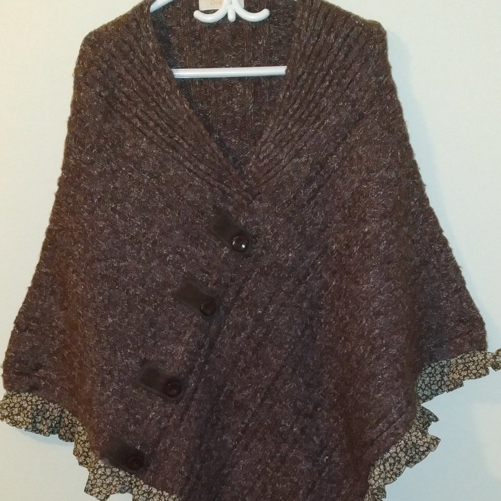 Warm and Cozy Wool blend Poncho with Cotton Flower Print Trim, By ORANGE